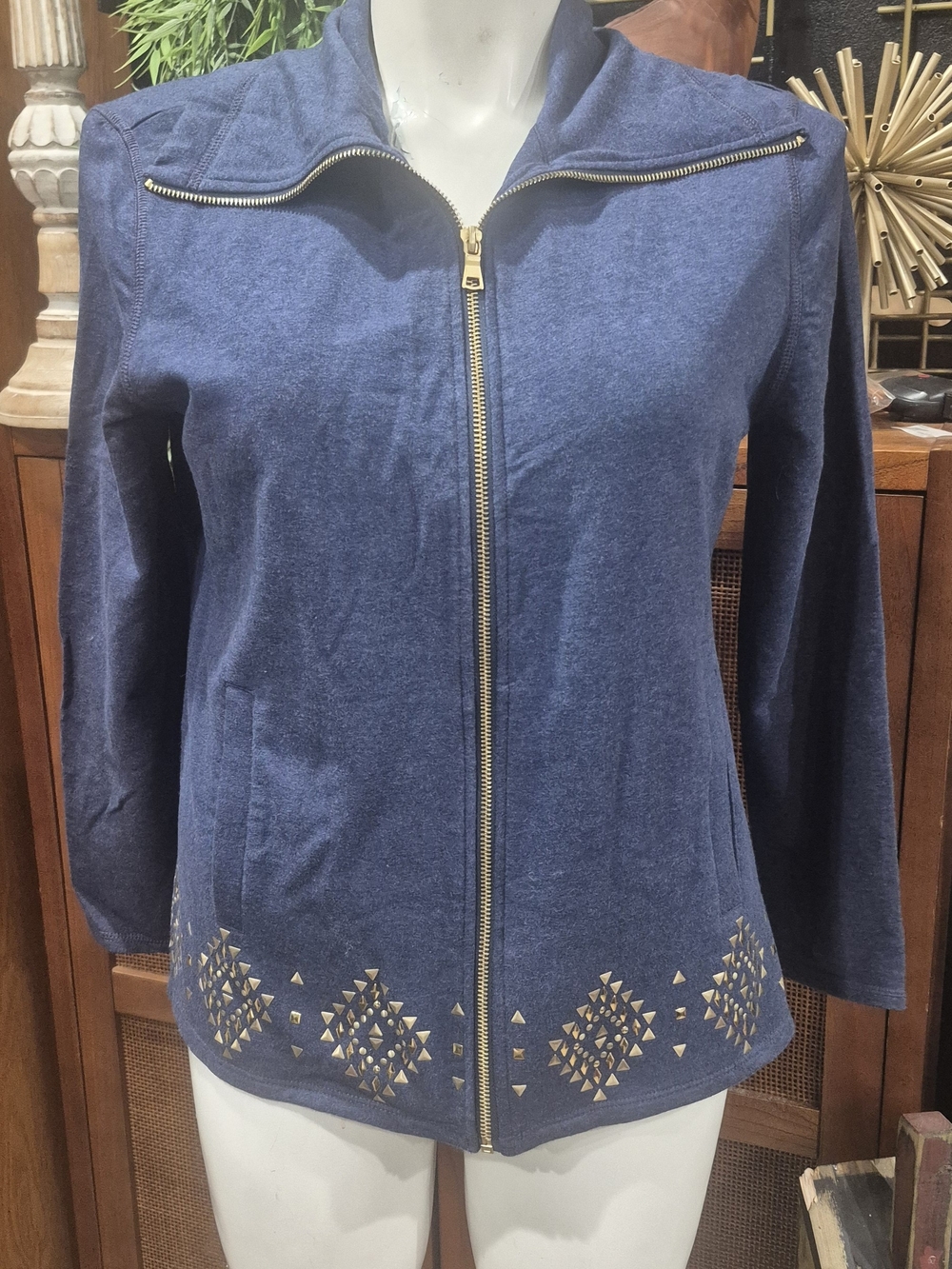 Women's Navy Zip-Front Jacket with Metallic Stud Detail